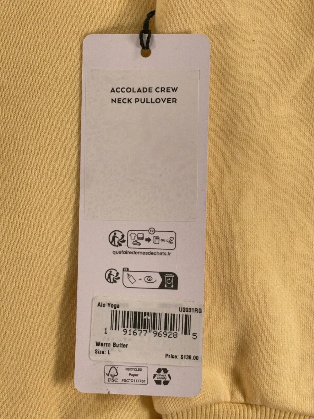 Alo Yoga Accolade Crew Neck Pullover Sweatshirt Warm Butter Women's Sz Large NEW